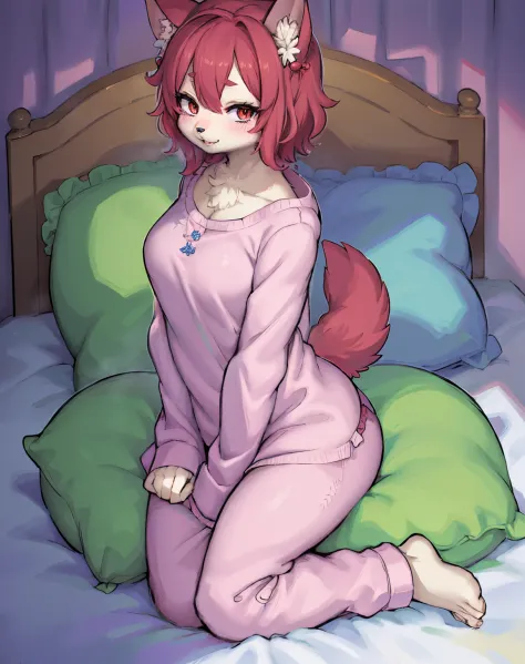 Cute girl in pink pajamas posing on pillow, pyjamas, in pajamas, Wear pink pajamas, pink color clothes, wearing a baggy pajamas,goodnight, Nice face，、 Short hair details, mediuml breasts, A smile，pillow head,many pillows，a furry dog girl，dog ears，Dog tail，...