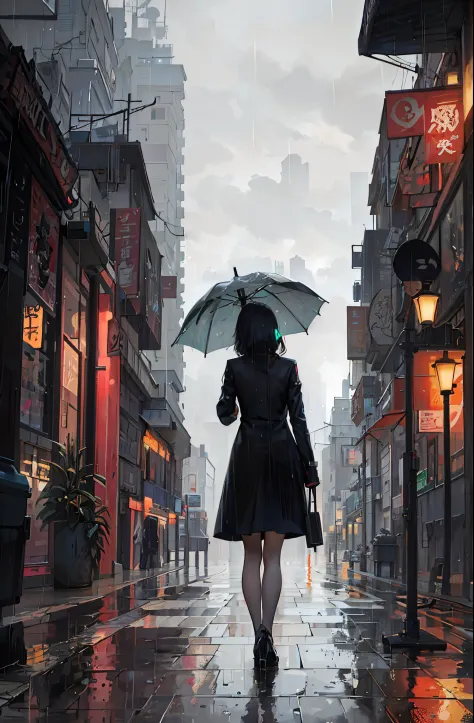 There is a woman walking on the street holding an umbrella, Rainy cyberpunk city, cyberpunk artstyle, In a futuristic cyberpunk ...