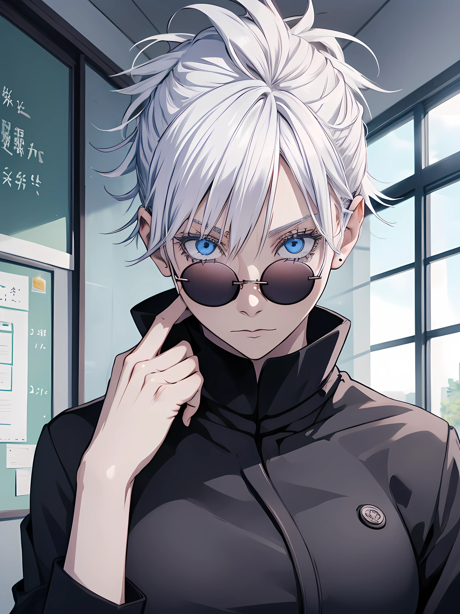 Woman, famale version, female, jujutsu kaisen, solo, alone, white hair, white eyebrows, white eyelashes, light blue eyes, wearing round sunglasses, wearing black shirt, black clothing, in classroom, school, high quality, 4k resolution, anime