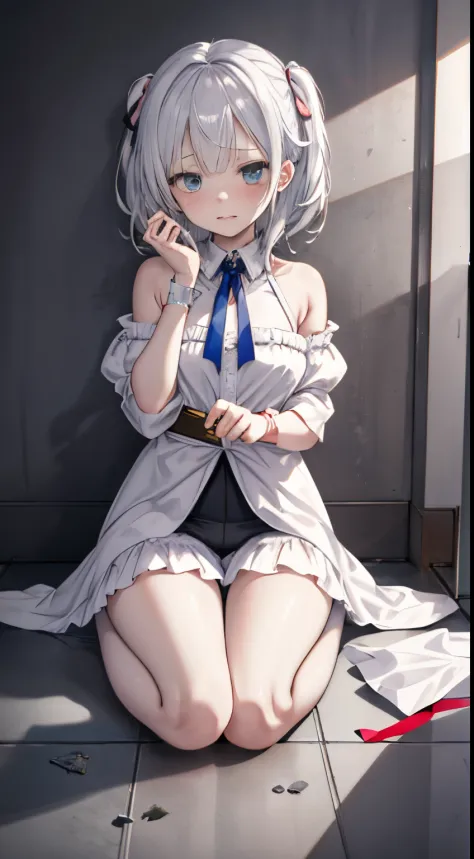 Cute white-haired loli，Dressed in lolita and white silk，white bra，Long gray hair，Sit on the floor of a public toilet，spread your legs，Pink panties can be seen，There is a silvery-white viscous liquid on the body，The white-haired lolita is half-kneeling on t...