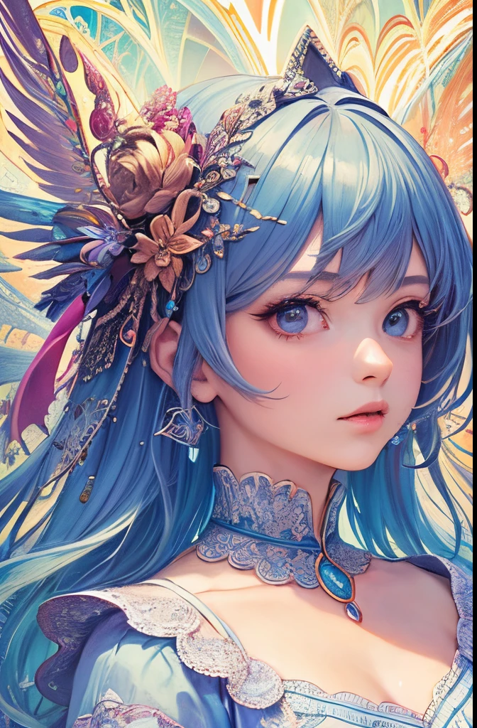 A close up of a woman with blue hair wearing a flower crown 