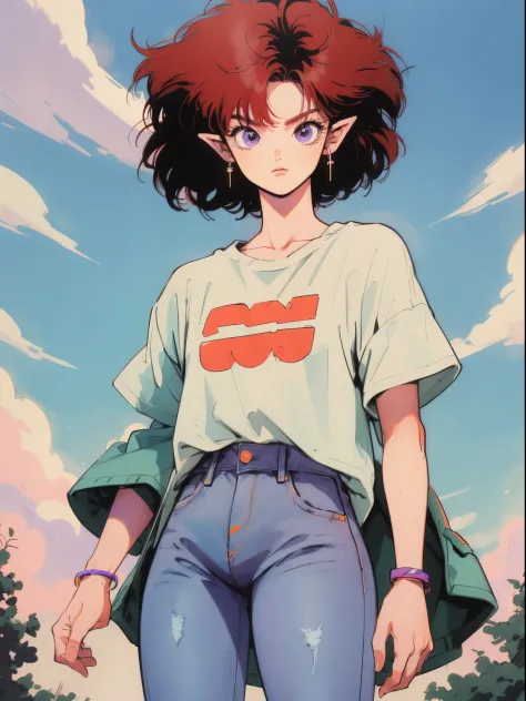 solo image, 80's anime, akira toriyama, Tadayoshi Yamamuro, dragonball, dragonball z, woman with purple skin and red hair, athletic, pointy ears, t-shirt with jeans, standing alone in front of a spaceship in a field
