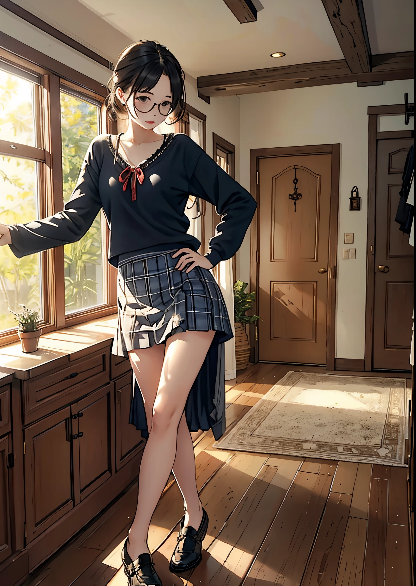 Full body photo of beautiful  sexy woman wearing round glasses、vila、Country、inside the house、Playfulness、greed、up skirt、Adults、friendly、middlebreast、nsfw,windy up skirt、
