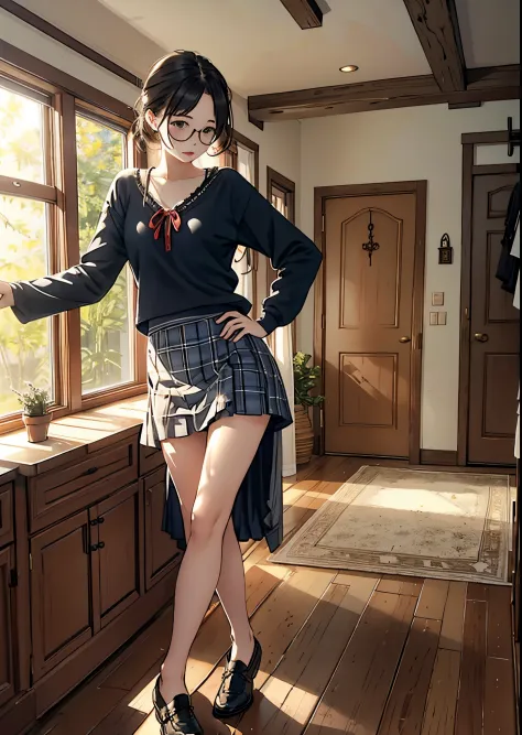 Full body photo of beautiful petite sexy woman wearing round glasses、vila、Country、inside the house、Playfulness、greed、up skirt、Ad...