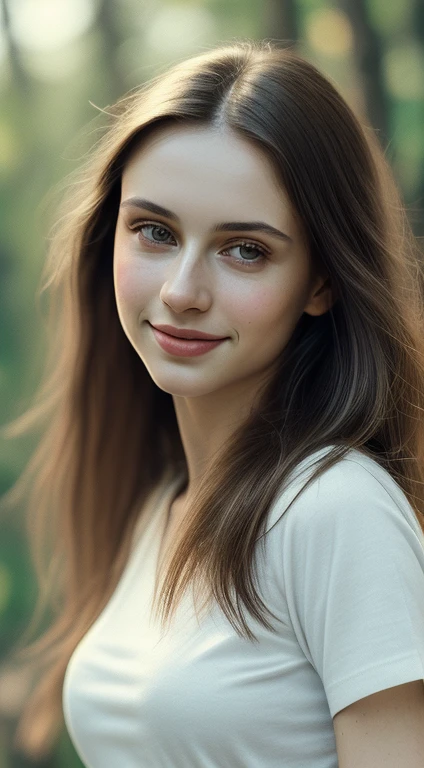 (masterpiece), a stunning intricate real camera portrait of dasha taran wearing white tee, masterpiece, best quality, unity 8k wallpaper, ((photorealistic:1.4)), ultra detailed, extremely detailed, elegant, beautiful, romanticism, 1girl, alluring,(closed smile), pale skin, ((brown eyes)), black long hair, (hair blowing with the wind), ((detailed hair)), front shot, face focus, film grain, Fujifilm XT3, realistic pores_skin,