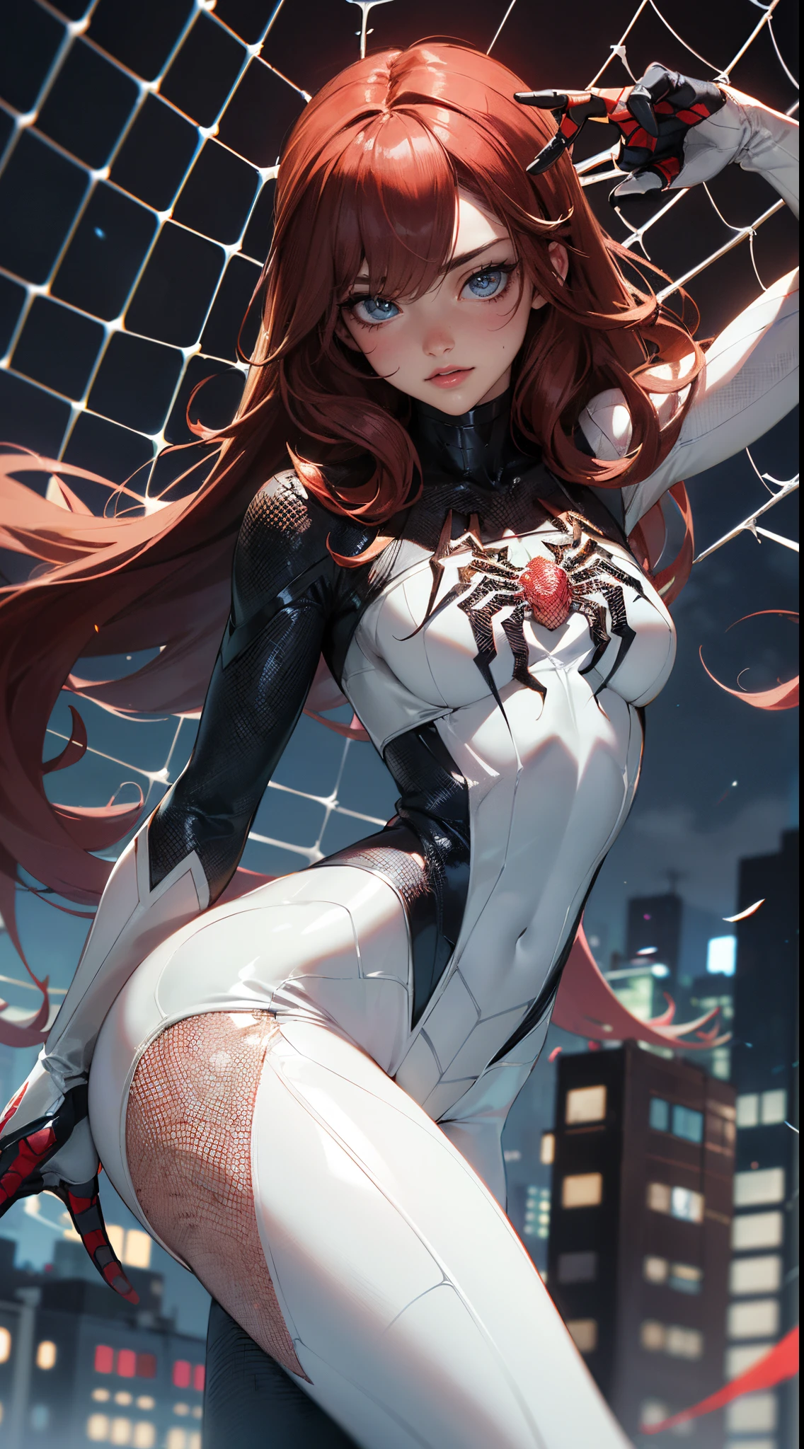 (obra maestra、4k-resolution、Un hiperrealista、ighly detallado、Dale la espalda), (White superhero theme、carisma、There&#39;s a girl dressed as white spider-man over the city.、de espaldas。she is a superhero)、 [((25-years old)、(Pelo largo y negro de cola de caballo:1.2)、cuerpo completo Esbian、(ojos azules:1.2))、((Entorno urbano arenoso):0.8)|(Un paisaje urbano、Noche、dynamic light)、(luna llena)]#ilustrar:Indications are mainly ultra high definition、Muy real、Describe pinturas 4K altamente detalladas。A superheroine in a white Spiderman costume is depicted high above the city.。The subject of the photo is black superheroes。(spider web woven background:1.4),(fondo ciudad rascacielos Tokio apocalyptic:1.4)