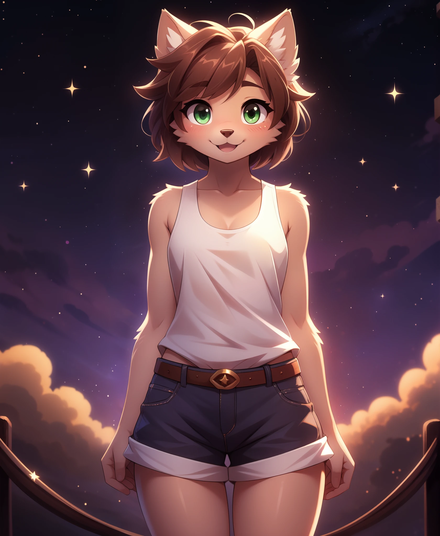 1girl, rolo, furry, body_fur, rolo_stuff, green_eyes, solo, tail, blush, border, closed_mouth, cowboy_shot, shy, looking_at_viewer, purple_background, solo, standing, star_\(sky\), starry_sky, white_border, bokeh, tank_top, shorts