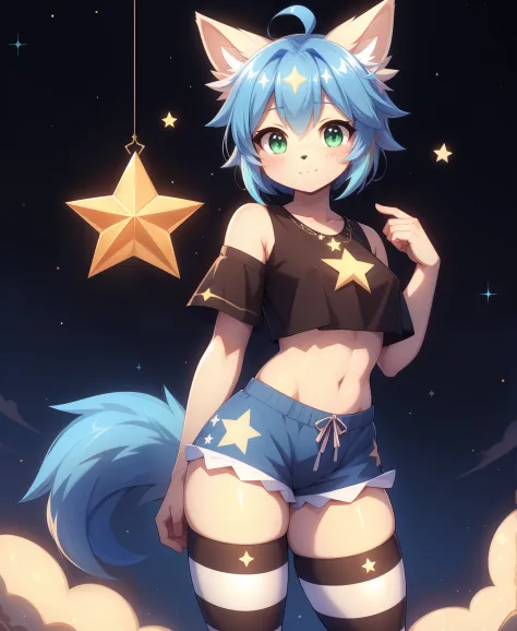 1girl, rolo, furry, body_fur, rolo_stuff, green_eyes, solo, tail, +_+, ahoge, blue_hair, blush, shirt, crop top, star-shaped_pup...