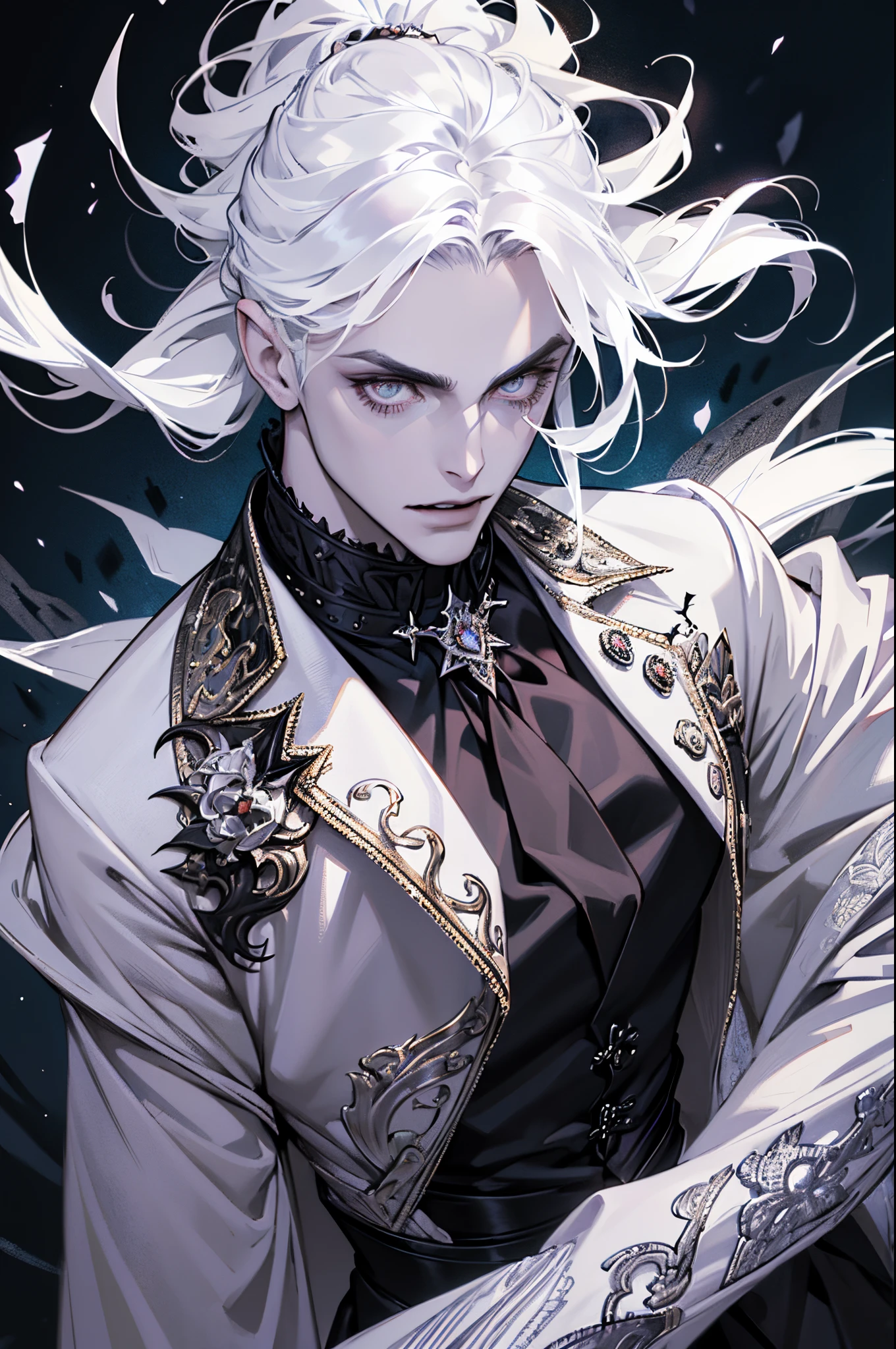 Insanely detailed photograph of a gorgeous vampire man, goth Renaissance, long voluminous white hair, intricate white  eyes, fantastical, vampire, ethereal, hyperdetailed, 32k resolution, dynamic lighting, hyperdetailed, intricately detailed, trending on Artstation, triadic colors, volumetric lighting, BalenciagaStyle, 1 male
