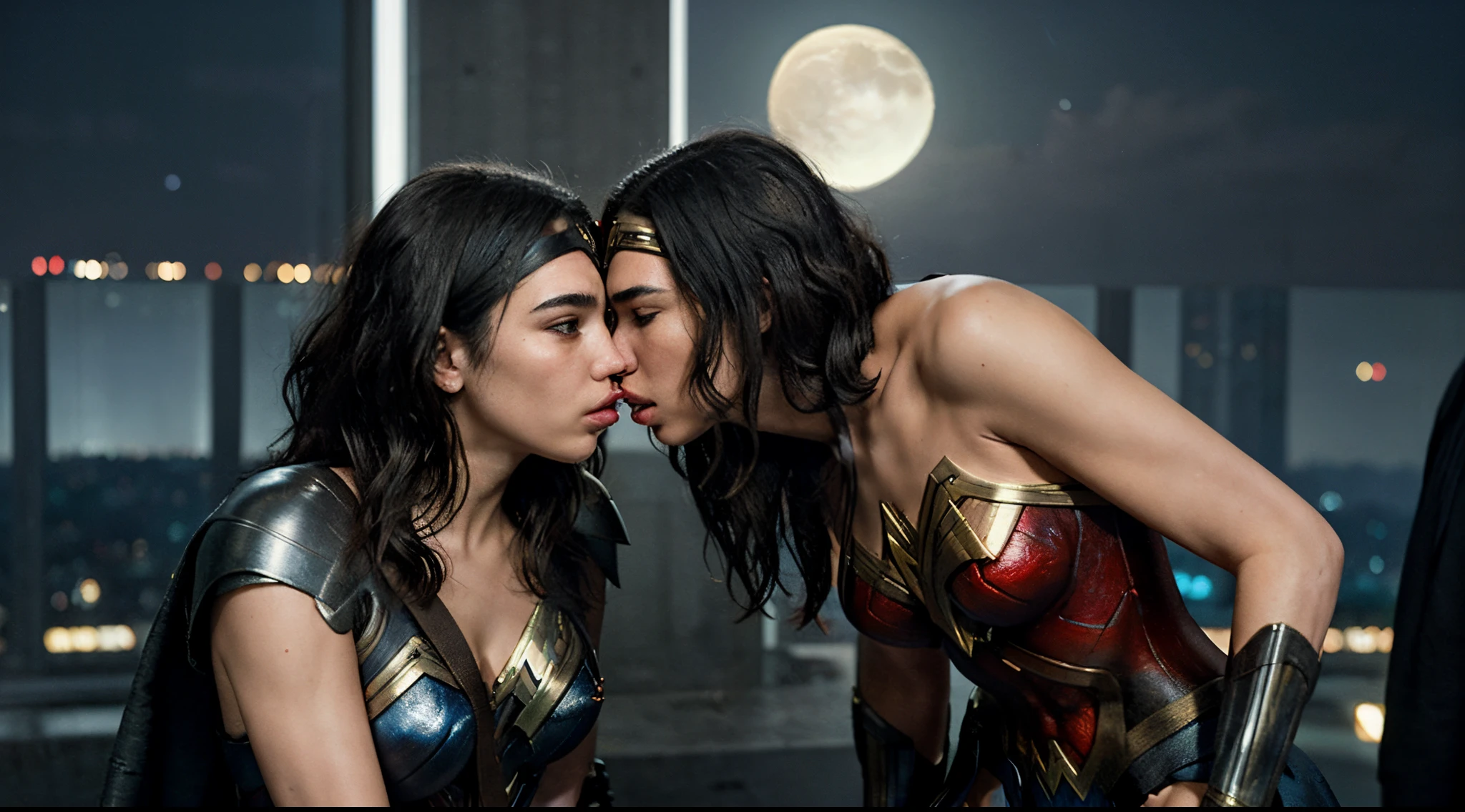 Two women in costumes kissing each other in front of a full moon - SeaArt AI