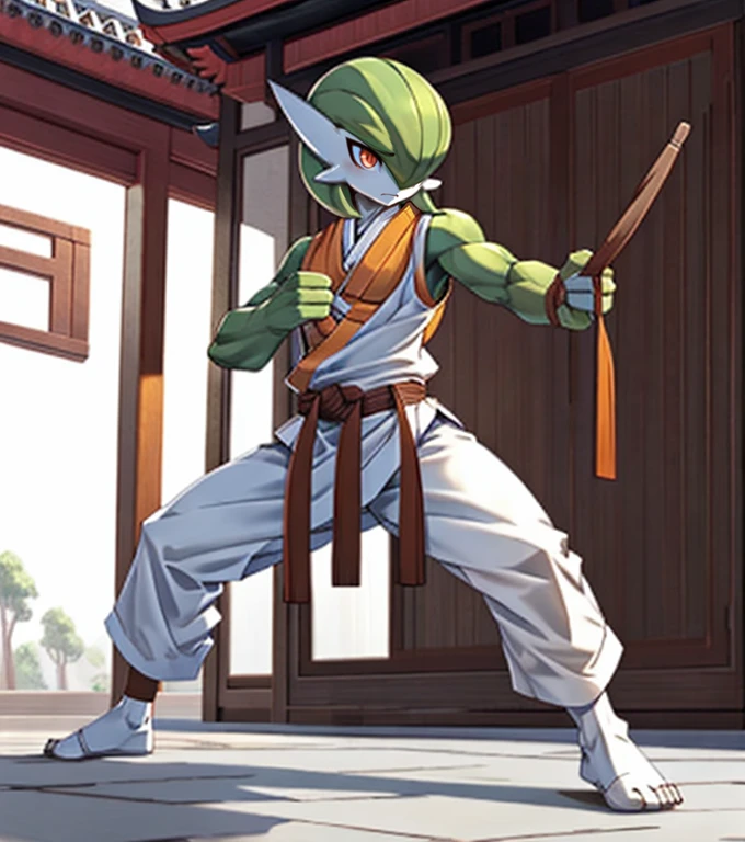 masterpiece, best quality, full body, Solo, male focus, (androgynous), furry, (Gardevoir)), ((pokemon)), (sweater tank top), (gi), (Shaolin kung fu),