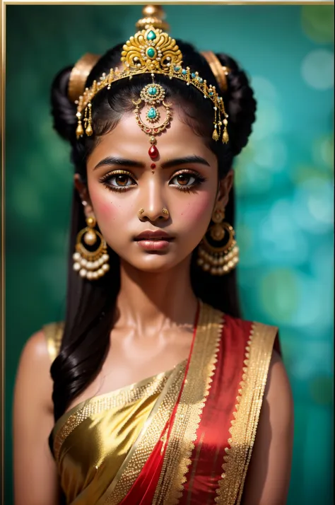 hindu goddess-like indian girl. inian paint effect, blue color skin