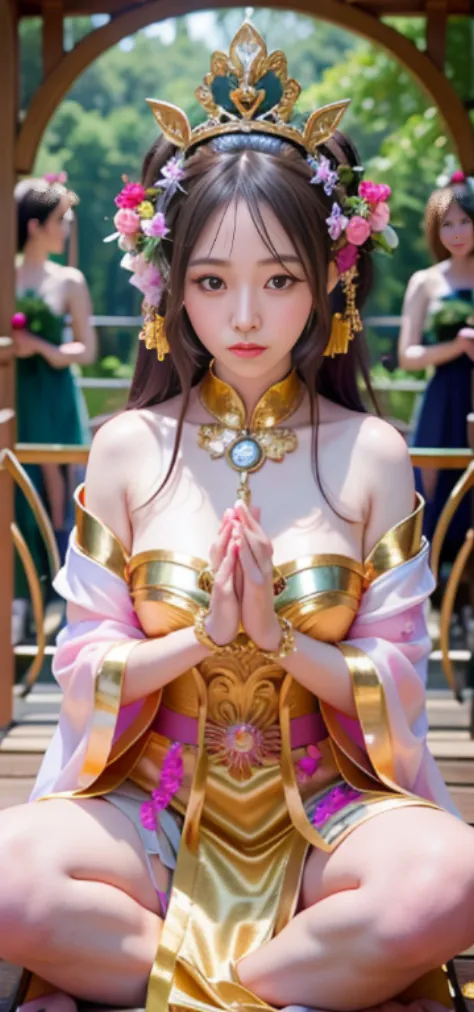 Close-up of a woman in costume sitting on a bench, a beautiful fantasy empress, anime goddess, ((a beautiful fantasy empress)), ...