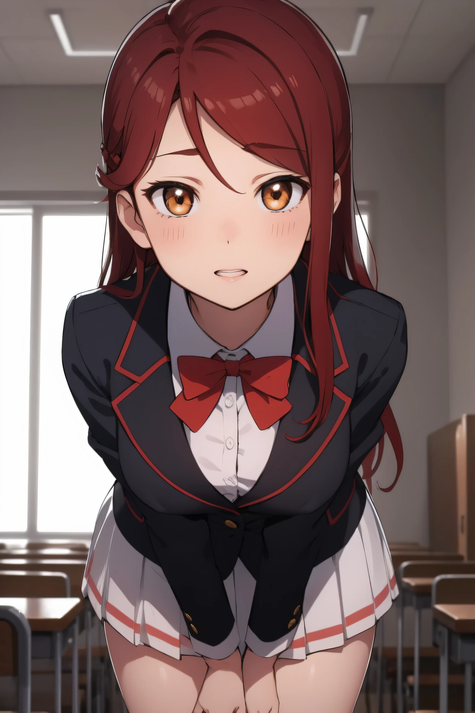 rikosakurauchi, riko sakurauchi, (braune Augen:1.5), Haare zwischen den Augen, lange Haare, (Rote Haare:1.5), (kleine Brust:1.2), 
brechen glasses, fortgeschrittene Pflege High School Uniform, Blazer, red Blazer, Bogen, Bogentie, Kragenhemd, Jacke, lange Ärmel, Faltenrock,
brechen looking at viewer, Stehen,(von unten:1.2), (nach vorne lehnen:1.2), (Arme hinter dem Rücken:1.2),
brechen indoors, Klassenzimmer, 
brechen (Meisterwerk:1.2), beste Qualität, Hohe Auflösung, Einheit 8k Hintergrundbild, Nicht für die Arbeit geeignet,(Illustration:0.8), (Schöne, detaillierte Augen:1.6), extrem detailliertes Gesicht, Perfekte Beleuchtung, extrem detaillierte CG, (perfekte Hände, Perfekte Anatomie),