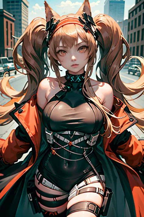 (The content is very detailed:1.3), huge bust 1 girl, Alone, (Orange eyes:1.2), 
Aang_DV, Orange eyes, Cityscapes super detailed...