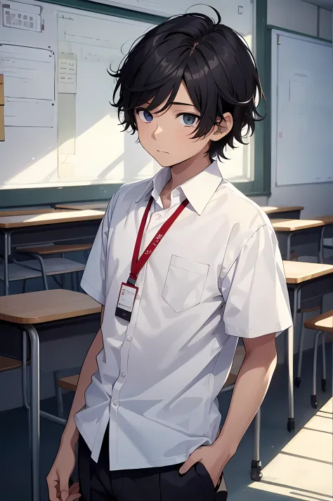 1boy, young male, age 12, solo, detailed eyes, masterpiece, (untuckedshirt:1.2), student, white long shirt, short sleeves, long ...