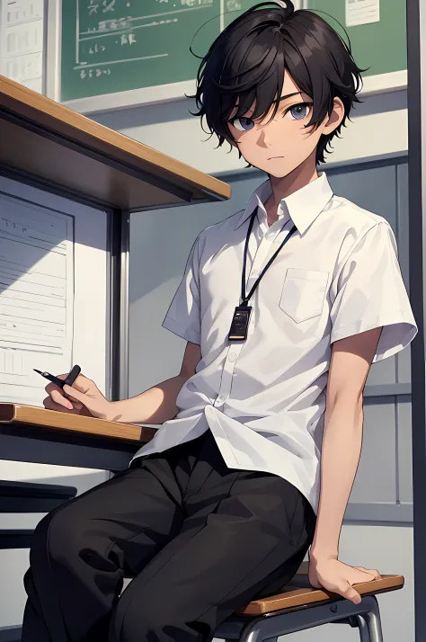 1boy, young male, age 12, solo, detailed eyes, masterpiece, (untuckedshirt:1.2), student, white long shirt, short sleeves, long ...