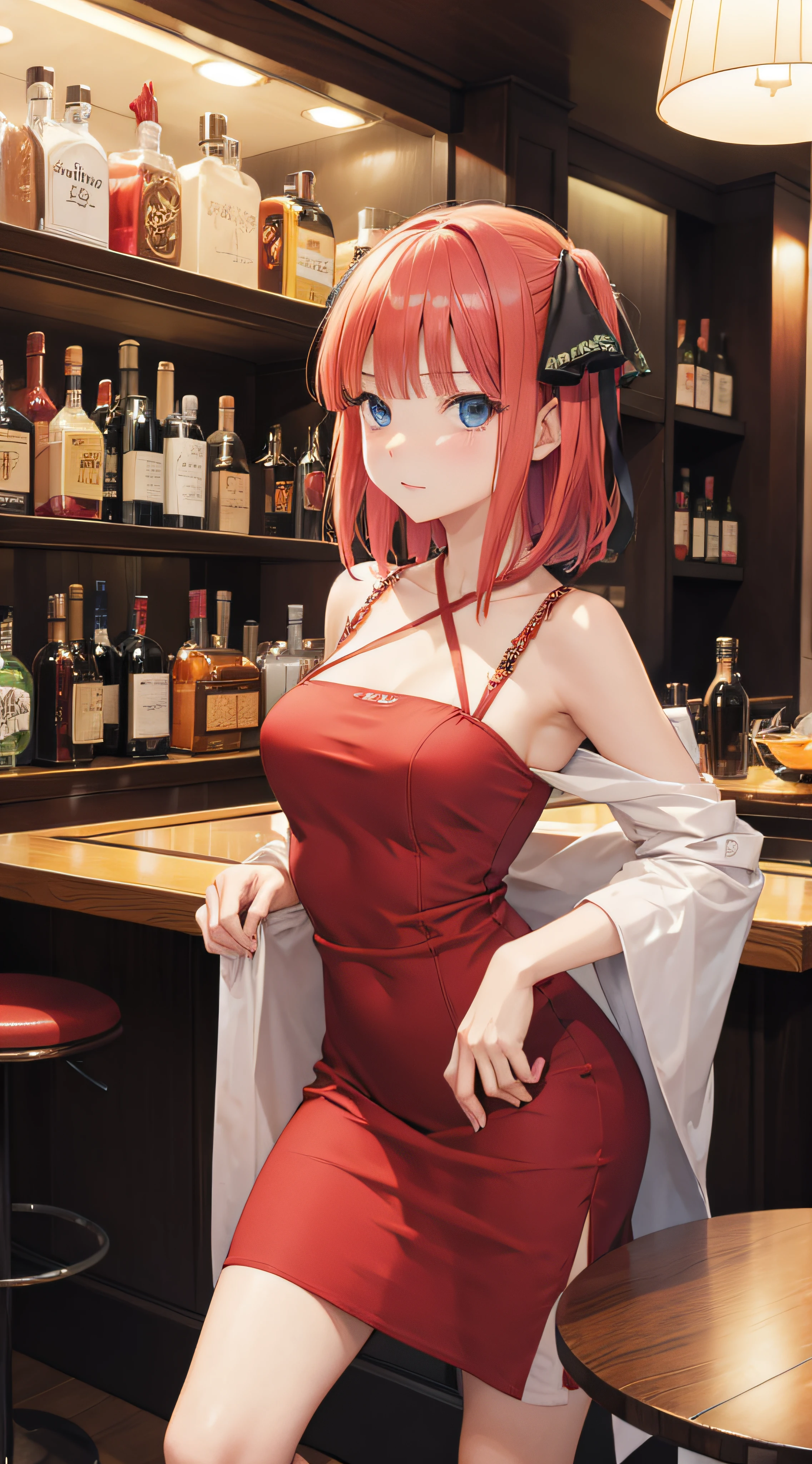 Anime - style woman in red dress posing in front of bar - SeaArt AI