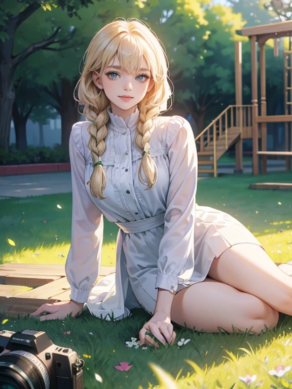 mature woman, medium breasts, pale blonde hair with bangs, hairstyle: side braids, bright green eyes, pink lips color, smiling happily at viewer, Surrealism, anime style, depth of field, 8k, super detail, high details, Cinematic lighting, night time, shadow over face, Close-up, camera from the bottom up, hyper HD, Masterpiece, High details, detailed light, detailed shadow, detailed background. wearing a white shirt and ripped jeans, full body image, background: park, trees, grass, playground, pose: sitting on a bench