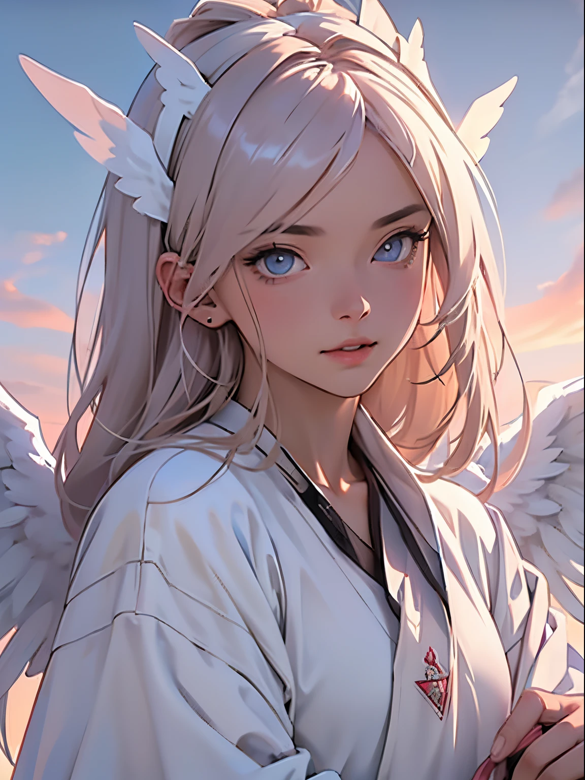 ((RAW photos)), ((tmasterpiece)), Anthropomorphic humanoid angel girl wearing white noble robe, Complicated details, soccer ball, Gribos&#39; complex work, The sky behind, Pink, Beautiful wings, Detailed eyes and lips
