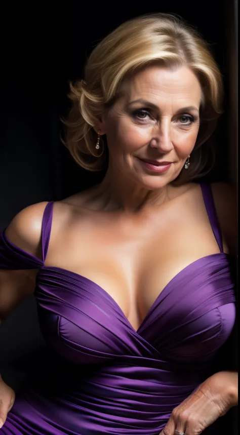 a portrait photograph of a beautiful ((mature)) woman, wearing dress, busty, smile, award winning photo, best quality, portrait by annie leibovitz, canon 5d mark ii, film, professional photograph, shoot from below, (rich colors:1.1), hyper realistic, lifel...
