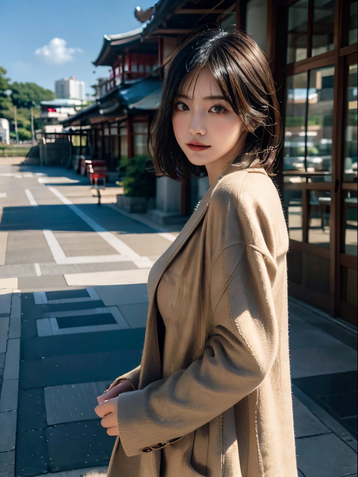 Stroll through the business district、Portrait of a woman in a coat, top-quality、hyper HD、奈良美智, Japanese Models, Beautiful Japan Girl, With short hair, 27-year-old female model, 4 k ], 4K], 27yo, sakimichan, sakimichan