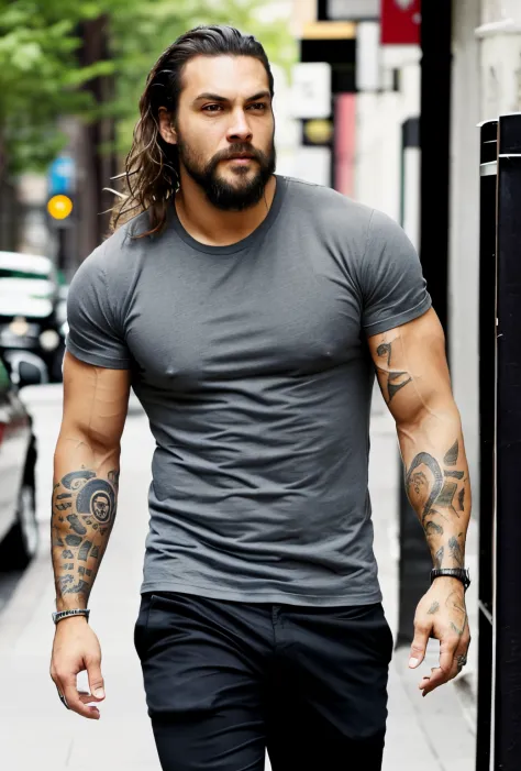 a man with a tattoo walking down a sidewalk next to a man in a suit, jason momoa, wearing a muscle tee shirt, wearing pants and a t-shirt, mid-shot of a hunky, he is wearing a black t-shirt, masculine and rugged, jason momoa as assyrian, colin farrell, wit...