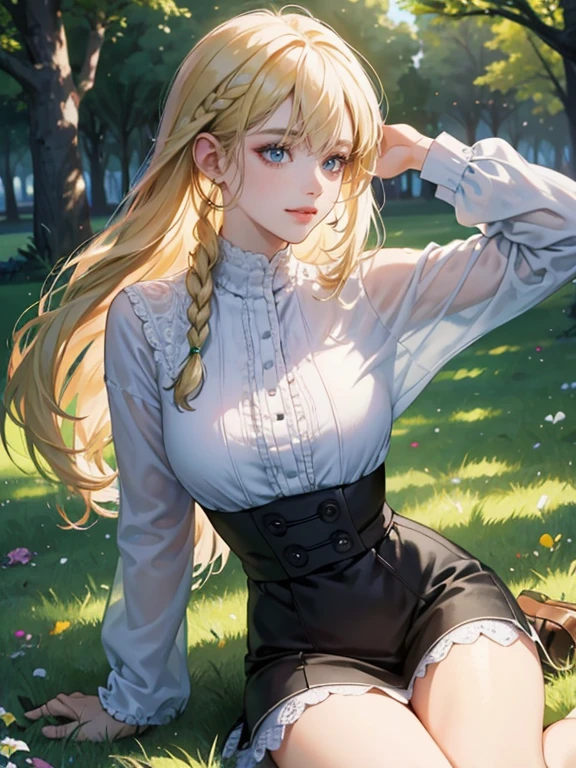 mature woman, medium breasts, pale blonde hair with bangs, hairstyle: side braids, bright green eyes, pink lips color, smiling happily at viewer, Surrealism, anime style, depth of field, 8k, super detail, high details, Cinematic lighting, night time, shadow over face, hyper HD, Masterpiece, High details, detailed light, detailed shadow, detailed background. wearing a rainbow shirt and ripped jeans, full body image, background: park, trees, grass, pose: lying on her back on the grass with flowers around her