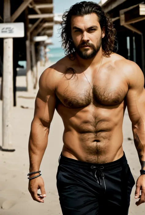 Masterpiece,Row photo,a man with a tattoo walking down a sidewalk on the sand at the beach, jason momoa, wearing a muscle tee shirt, wearing pants and a t-shirt, mid-shot of a hunky, he is a brown hairstyles ,tshirt, masculine and rugged, jason momoa as as...