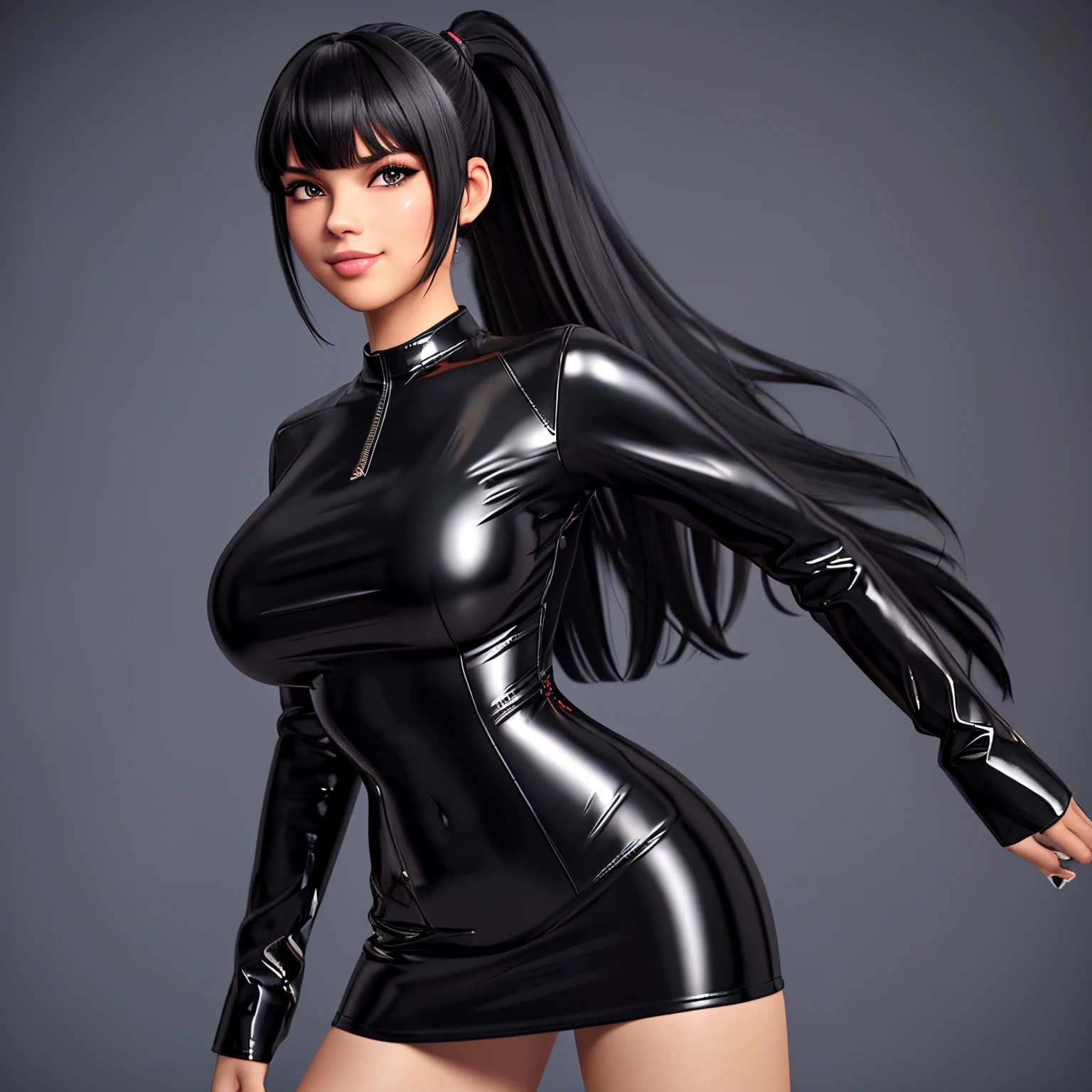 1girl, long hair, bangs, ponytail, black dress, posing for a picture, big breast, sexy dominant pose, wearing black latex outfit, sexy dress, shiny black dress, sexy girl, black leather slim clothes, wearing leather swim suite, tight short dress, blush, blushing, smug, 3d, 3DMM