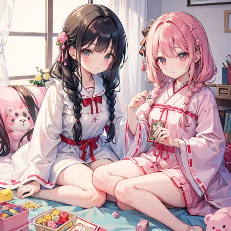 In a cute western-themed room filled with teddy bear patterned pajamas and lots of sweets.、Two adorable girls with braided hair ...