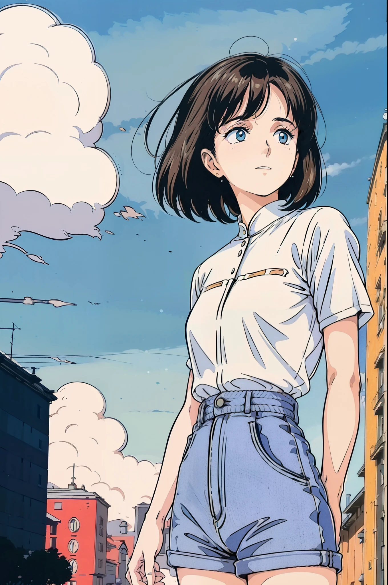 ((1980s_style)), 1girl, upper body, black short hair, white shirt, denim shorts, standing, (outdoors, cityscape, buildings, streets, blue sky, clouds), (cowboy shot),(masterpiece, high quality, best quality), (colorful),(delicate eyes and face), volumatic light, ray tracing, extremely detailed CG unity 8k wallpaper,solo,