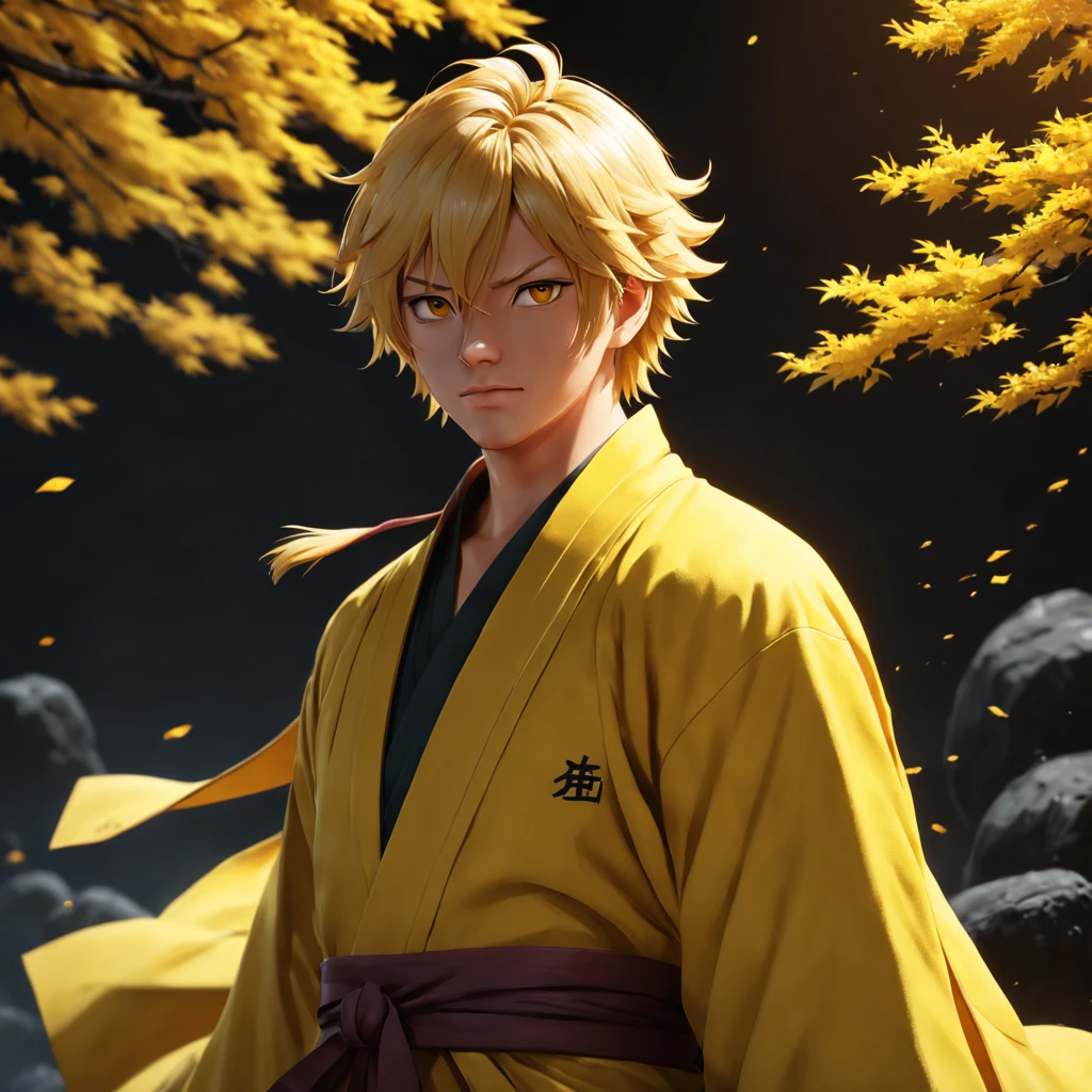 zenitsu agatsuma, blond haired man in yellow haori coat, handsome guy in demon slayer art, 3d render, 8 k, inspired by Kanō Sanraku, makoto sinkai, yellow robe, inspired by Sakai Hōitsu, a