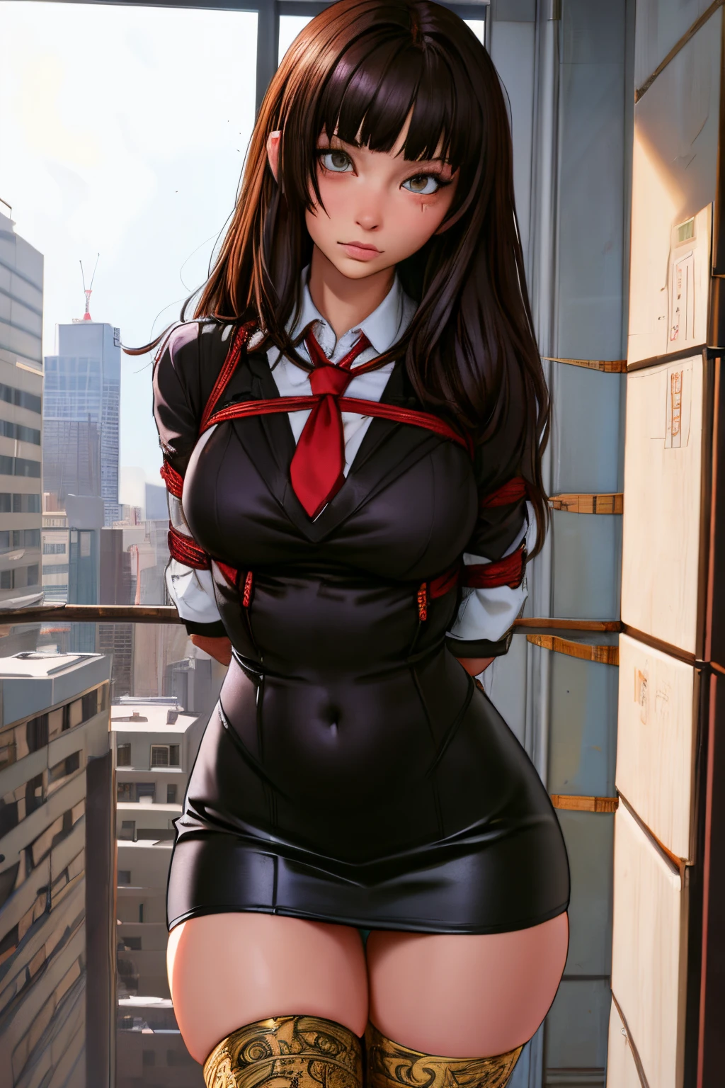 slim, (wide hips, thick thighs), scared, slender, looking at viewer, bound arms, arms behind back, Upskirt shot, (dress shirt, tie, pencil skirt), in office building, (masterpiece), (best quality:1.2), absurdres, intricate details, (highly detailed skin:1.2),
