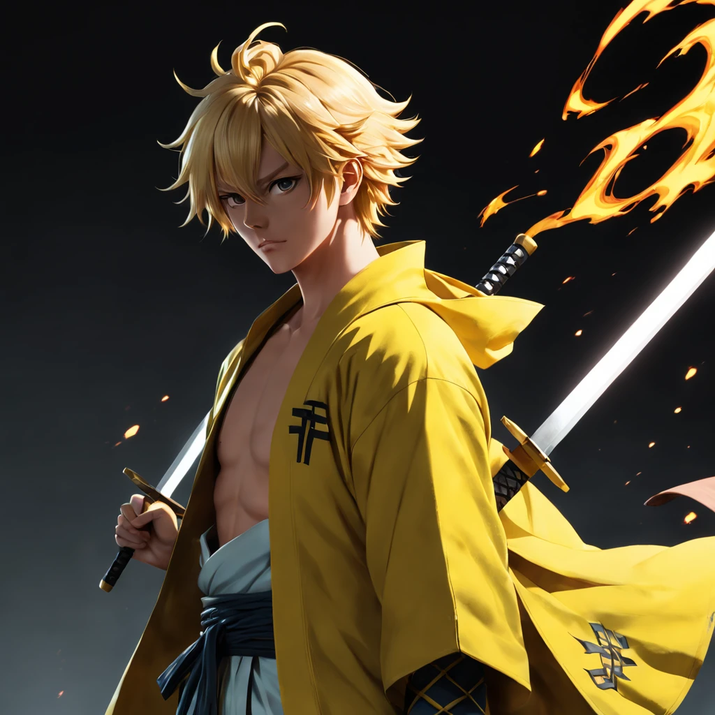 zenitsu agatsuma, blond haired man in yellow haori coat, white sword, guy in demon slayer art, 3d render, 8k, inspired by Kanō Sanraku, makoto sinkai, ufotable style, inspired by Sakai Hōitsu,