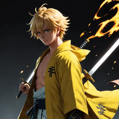 zenitsu agatsuma, blond haired man in yellow haori coat, white sword, guy in demon slayer art, 3d render, 8k, inspired by Kanō S...