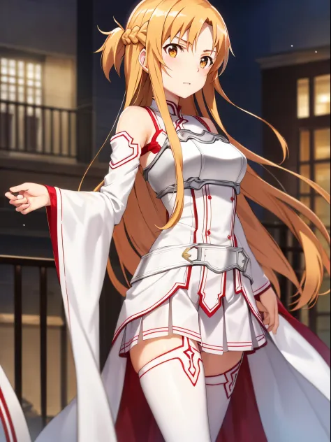 Asuna Yuki(Sword Art Online), dynamic angle, Long bronze hair,braid,Brown eyes,Detailed eyes,Large chest line,roll to the front,armature,chest flap,White shirt with long sleeves,Detached sleeves,Red and white skirt,pleatedskirt,Lifelike,Her thin legs are s...