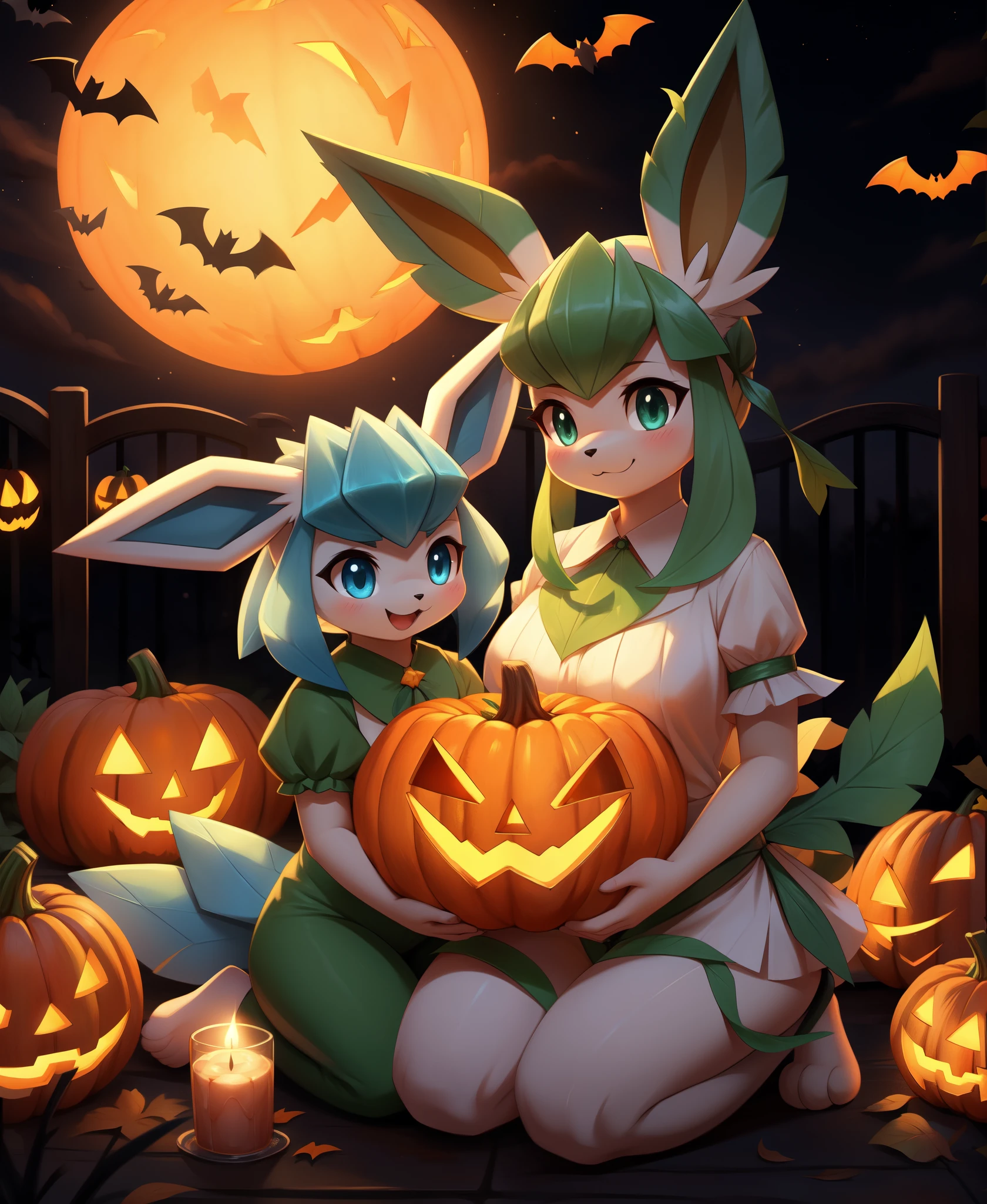 kryztar, 
halloween, nintendo, pokemon, 
eeveelution, generation_4_pokemon, glaceon, leafeon, pokemon_(species), 
absurd_res, hi_res, 
anthro, duo, female, food, fruit, halloween_costume, holidays, plant, pumpkin,