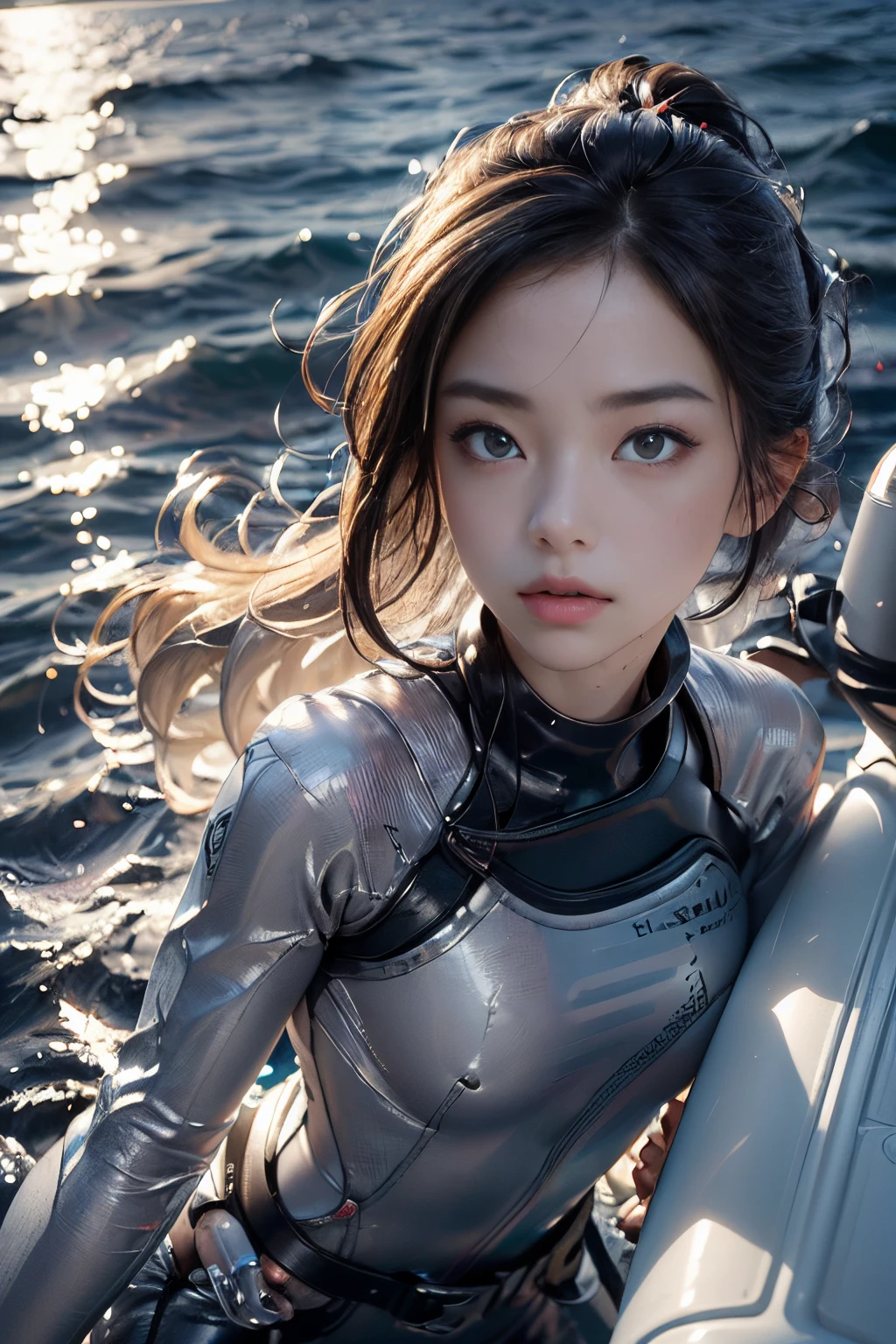 (Photorealsitic, hight resolution, Live-action images、natural soft light:1.4)、One lady、(Best Beautiful Girl、Neat face、Big eyes and high nose、thin chin、Impersonation face), （Outstanding style、round breast、long legged）、((Rescue Team Uniforms、Uniform made of wetsuit material based on white and light gray、Abundant equipment, Equipped with diving goggles on the head、snorkel、Harnes、a belt、Oxygen cylinder、Draw accurately down to the smallest detail))、Rin々Shishi、Cool pose、On a patrol boat at sea、Introduction status、preparation、Wearing a wetsuit will make your toned abs stand out