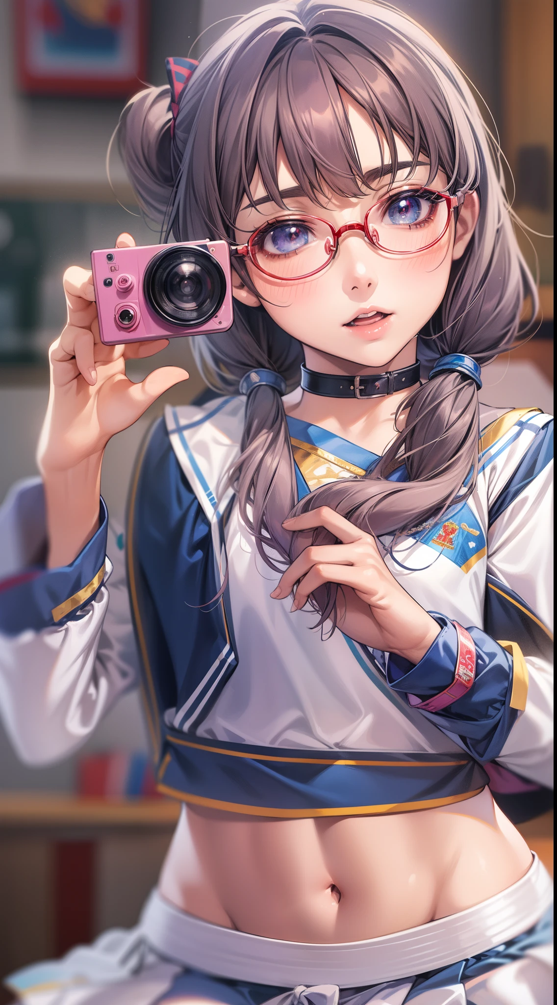 Anime girl with glasses taking a picture with a camera - SeaArt AI