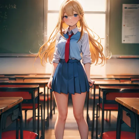 Blonde, straight semi-long hair, light blue skirt, red tie, red cheeks, full body portrait, classroom