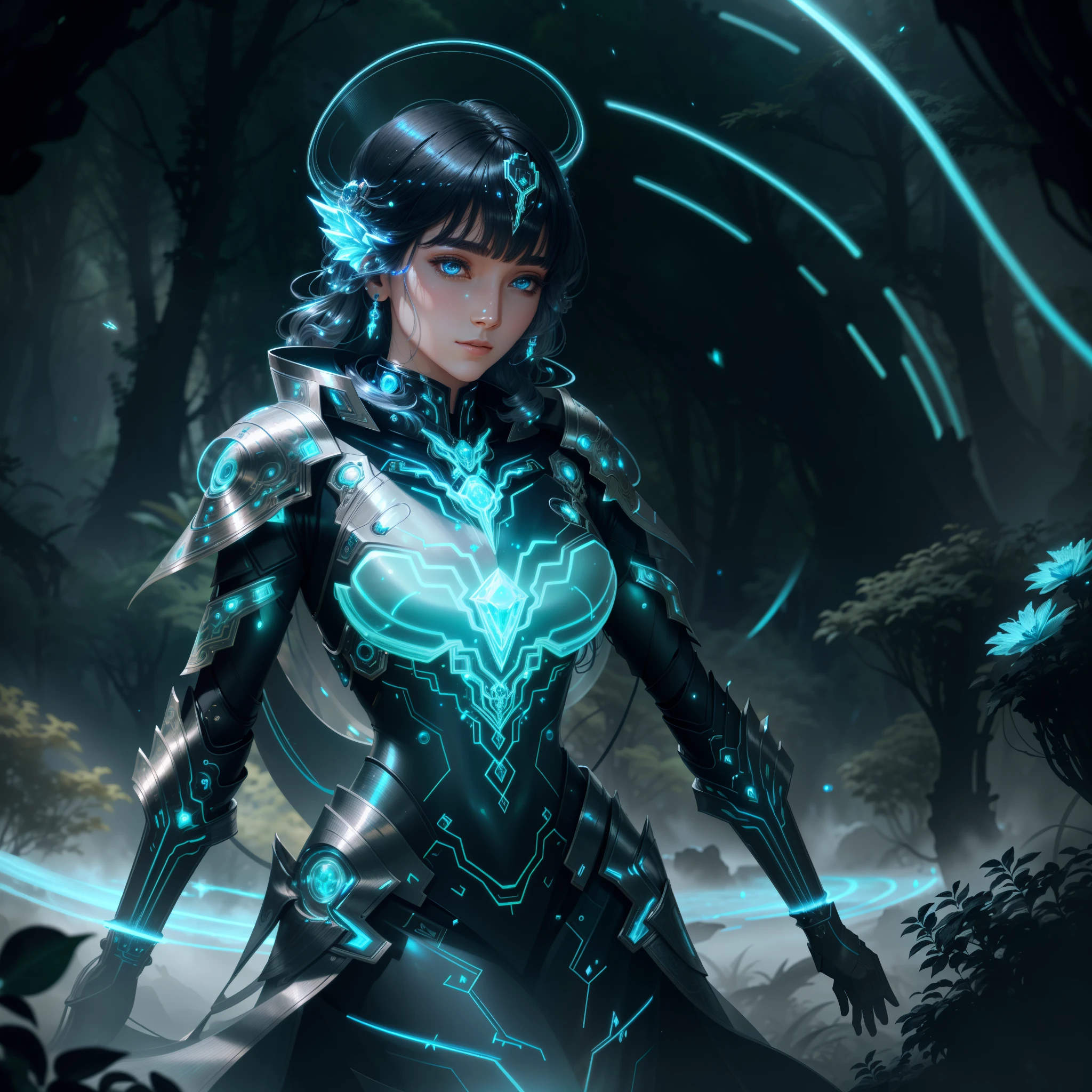 hologram of neotech woman wearing magic-fantasy-mech armor flowing cape, standing in a lush bio utopia,BiophyllTech,fcPortrait, detailed eyes floating in space, a vibrant digital illustration, dribbble, quantum wavetracing, black background, behance hd