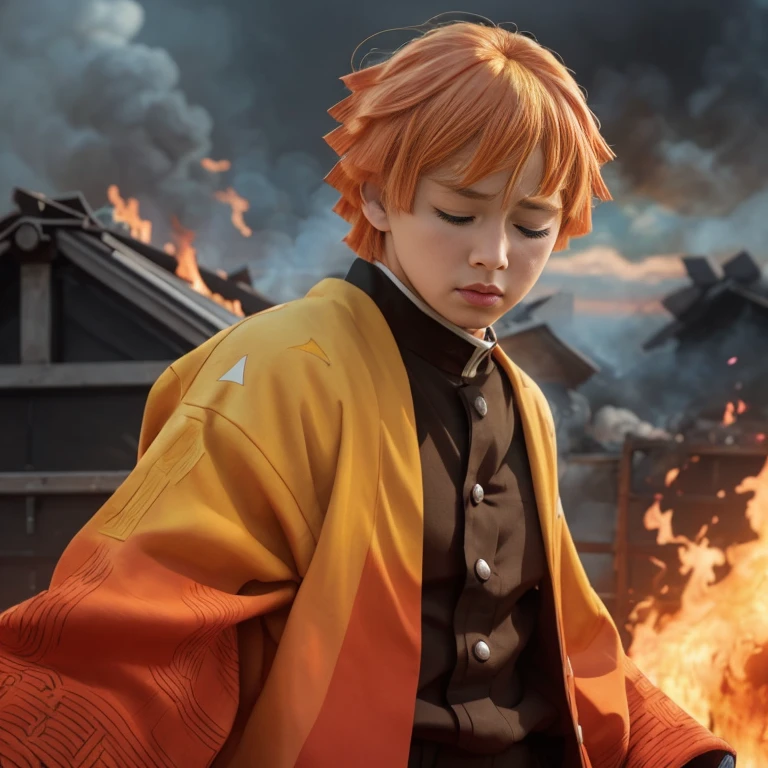 A real life adaption of Zenitsu Agatsuma, orange-haired anime boy from the world of Demon Slayer, closed eyes, exquisite face, stands in the midst of a blazing inferno,  hyper realistic,