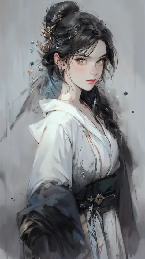 Close up of a woman with black hair, beautiful character painting, splashing ink, epic fine character art, amazing character art