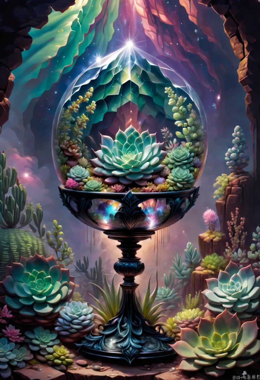 In this painting，We can see a mysterious and gorgeous scene。In the center of the painting is a transparent crystal chalice，it&#39;s huge and gorgeous，Entirely made of transparent crystal material。The Holy Grail is filled with clear liquid，Like a pool of illusory water，Fluctuating slightly。 in the crystal chalice，A magnificent succulent plant grows。Its leaves are whirling and colorful，As if made of gem-like colors，shining brightly。Each leaf has subtle lines and textures，Make it more real and vivid。The stems of succulents also show a transparent texture，Extending from the roots to every corner of the leaves。 The Crystal Grail is surrounded by a fantastic and spectacular scene。clear crystal walls reflect surrounding light，A beautiful light and shadow effect is formed。In the distance is a vast sky，Little bits of light shine in it。at the edge of the sky，A bright moon hoveroonlight spilled，illuminates the whole scene。 The whole picture is full of visual impact and sense of the world.。Succulents in clear crystal chalice symbolize the miracle of life and the power of nature，The surrounding light, shadow and starry sky give people a mysterious atmosphere。This painting combines succulents with a clear crystal chalice，presents a very charming and imaginative scene。 I hope this painting can bring you visual enjoyment and impact，Let you feel the unique beauty of succulents。