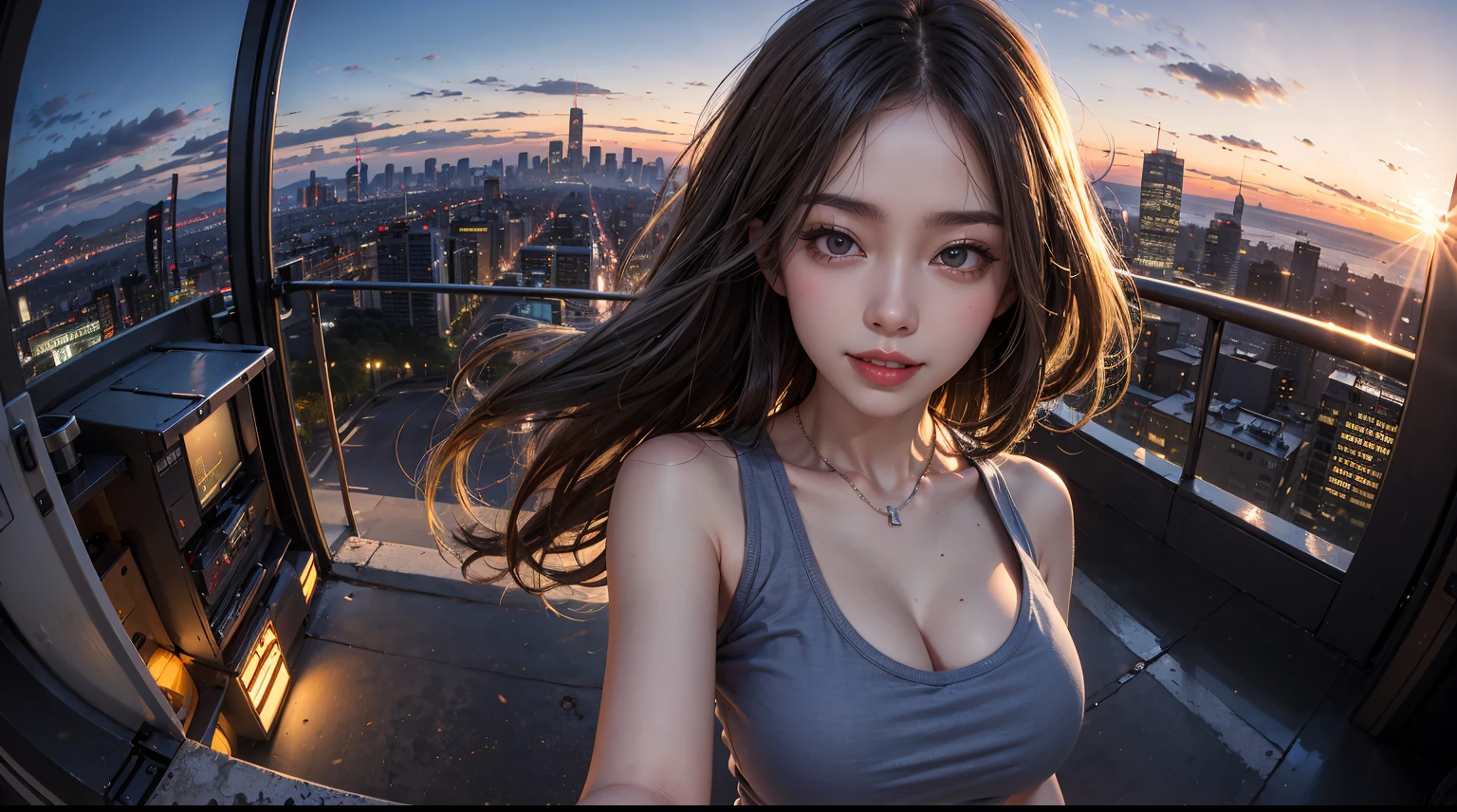 xxmixgirl,1girl, fisheye, selfie, wind, messy hair, sunset, cityscape, (aesthetics and atmosphere:1.2), gray hair,smiling, FilmGirl, short top shirt, wide chest open, big breast