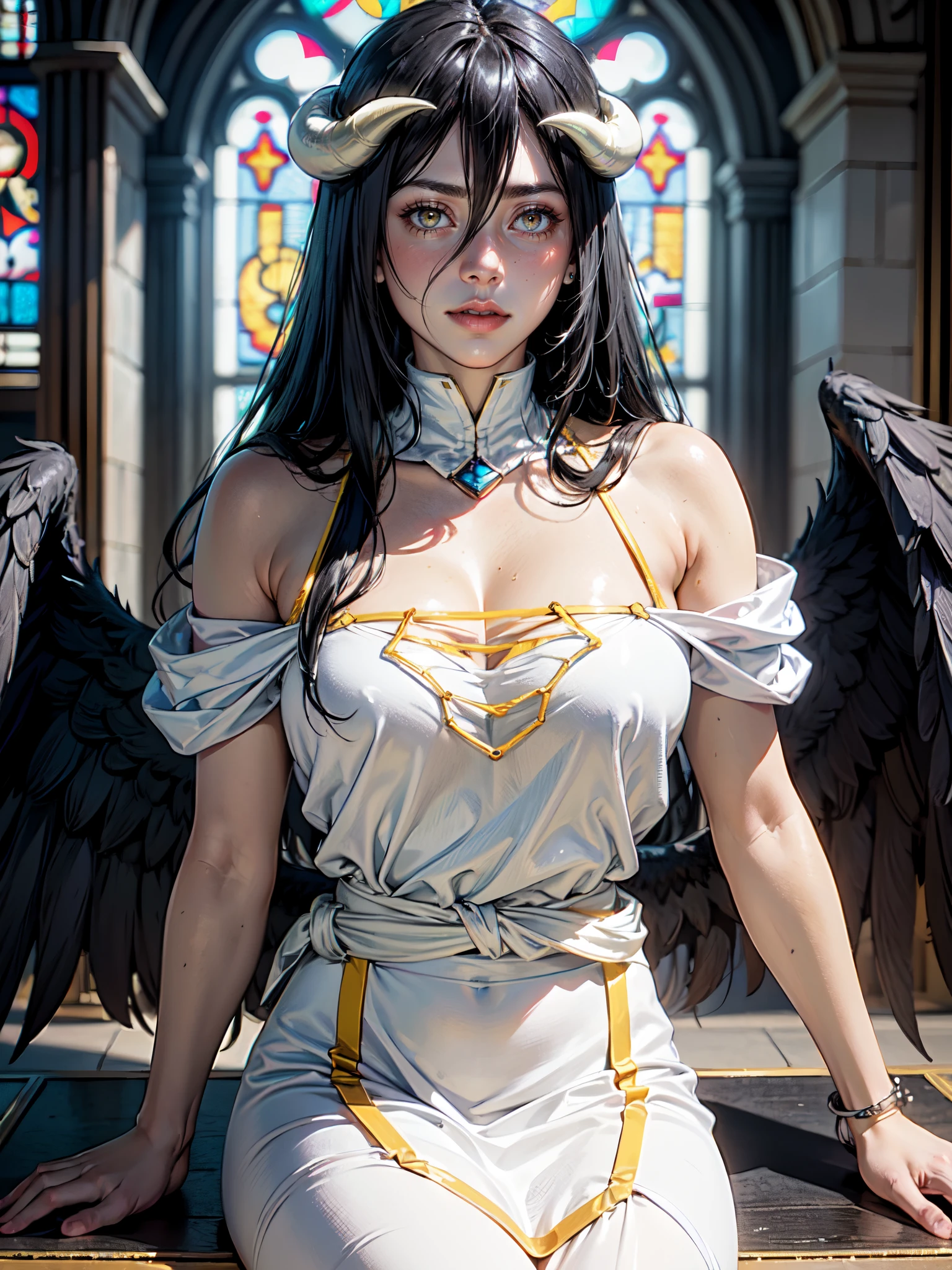 ((masterpiece)), ((best quality)), 1girl (albedo_overlord), (albedo from overlord), depth of field, pastel:1.2, slim waist, perfect body,  dynamic:1.2, realistic light, Nvidia Ray tracing, (((cinematic))), intricate, (cinematic shot), (ambient occlusion), particles, volumetric light, glowing, high contrast, absolutely eye-catching, breathtaking, ((ultra detailed intricate cinematic background:1.2)), ((aroused look:1.2, eye contact)), ((sitting on floor in Shrine:1.2)), (Stained glass windows behind her:1.2), ultra detailed face, fair skin, ((beautiful face)), slightly closed eyes, (white horns), (large black wings on her back waist:1.2), (black long hair), ((yellow eyes)), (perfect hands, nice hands), (white clothes)