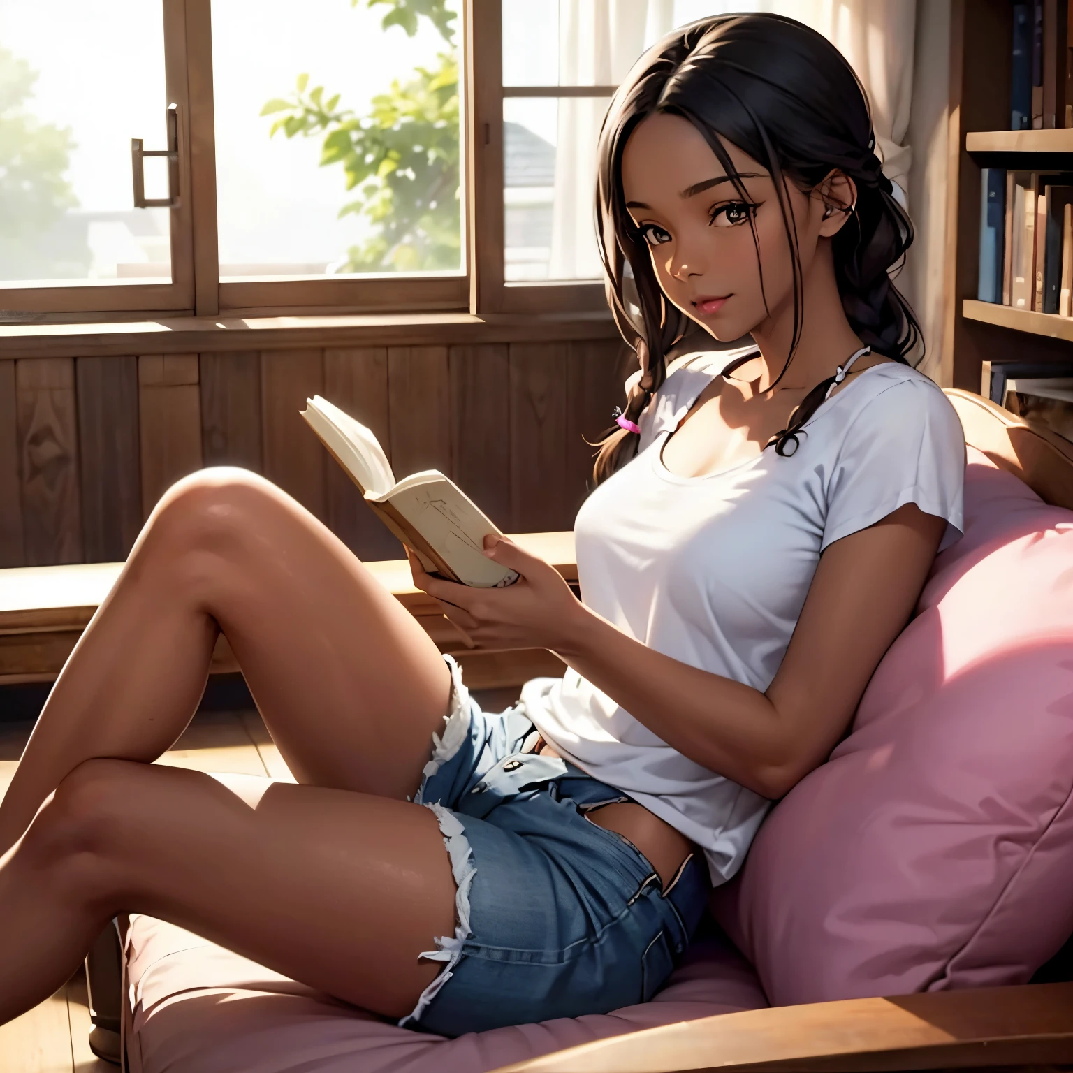 1girl in,A beautiful woman with dark skin is sitting on a cushion and reading a book,Adult,ssmile,Pink lip,Single braid that shows off your forehead,A dark-haired,A slender,tre anatomically correct,perfectly proportions,Precise fingers,White blouse without sleeves,denim hot-pants,sox,sit on a cushion and read a book,Casual Room,​masterpiece,hiquality,Realisticity,