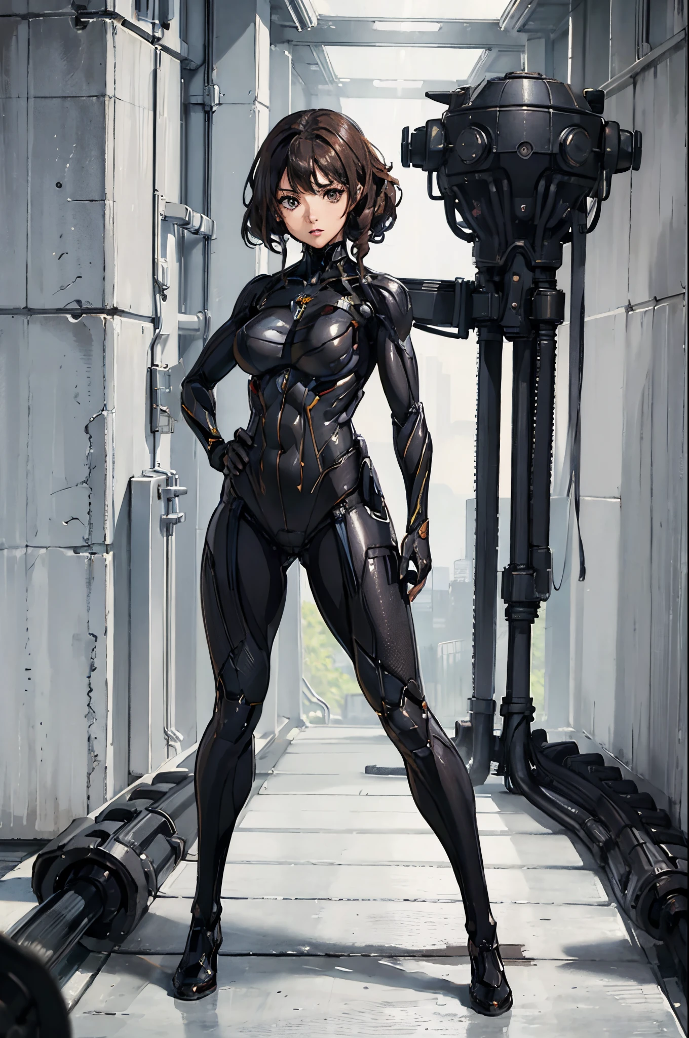 An illustration of Kendra Kust, curly hair brown , Brown eyes, Makeup, wearing a Black crysis nanosuit, High resolution, Ultra-pointu, 16k, Masterpiece, standing pose, Wide Shot,