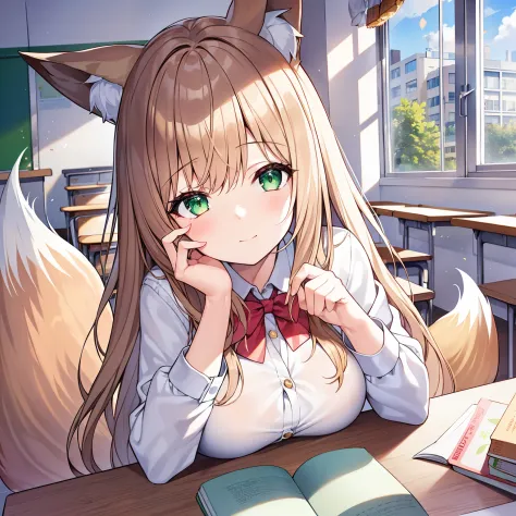 tmasterpiece，best quality at best，a high resolution，1 girl, alone, (8k wallpaper), (long brown hair)，(huge fox tail:1.2)，green-e...